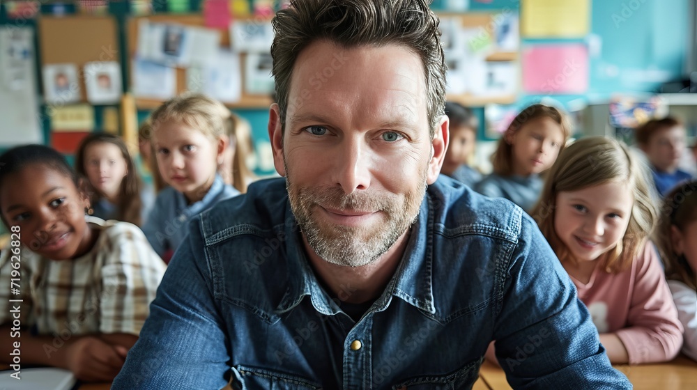 Fototapeta premium Smiling male teacher in elementary school classroom with eager students listening and learning