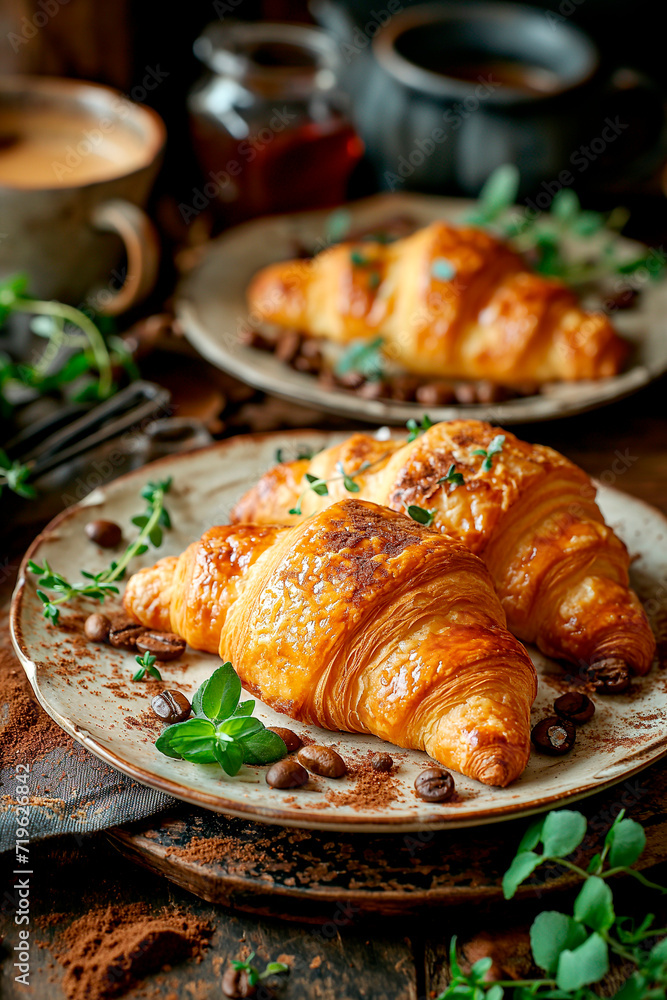 Cup Hot coffee Cappuccino and croissant on a dark old wooden background in morning light. Breakfast concept. Cup Hot coffee Cappuccino and croissant on a dark old wooden background in morning light. Breakfast concept.