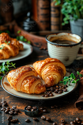 Cup Hot coffee Cappuccino and croissant on a dark old wooden background in morning light. Breakfast concept.