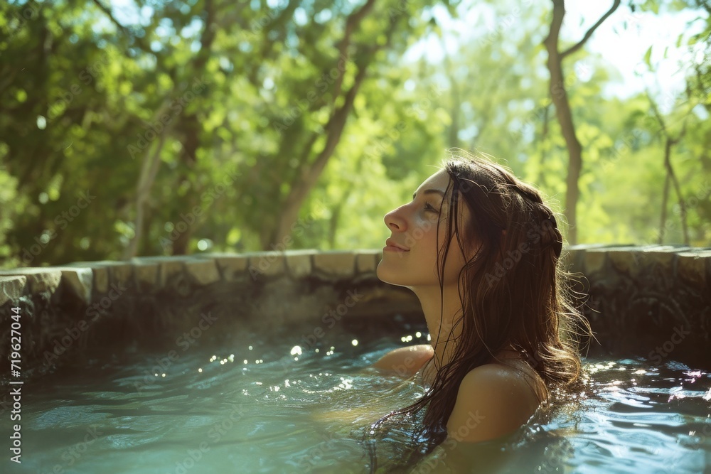 Fototapeta premium A serene woman basks in the warmth of a hot tub nestled among lush trees, embracing the refreshing nature of the outdoors as she enjoys a summer swim
