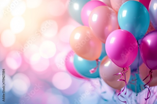Colorful balloons on blurred bokeh background. Happy birthday concept