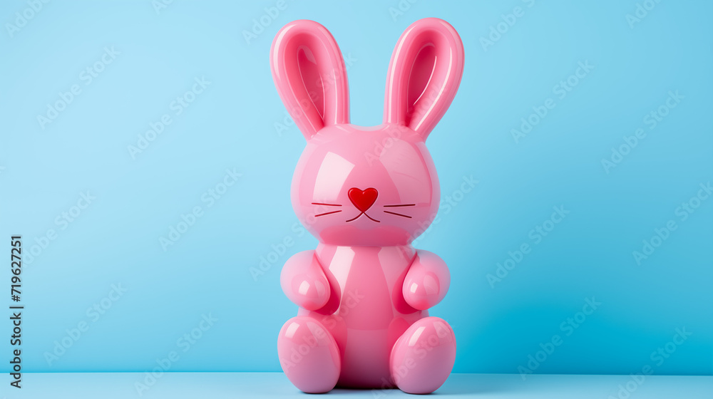 Obraz premium Adorable cute pink latex rabbit, bunny with a heart-shaped nose in the shape of a balloon on a soft blue background.