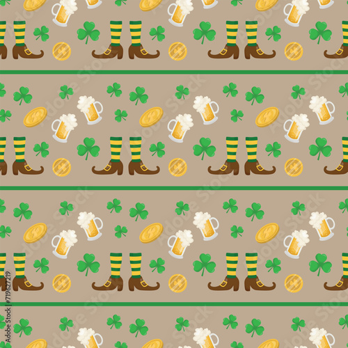 Seamless pattern with clover, coins and beer for St. Patrick's Day. Irish Festival. Vector illustration.