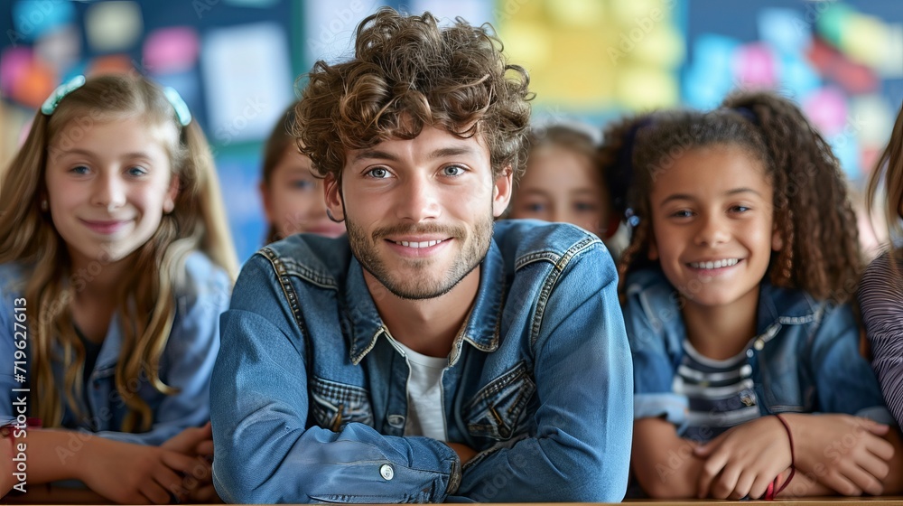 Fototapeta premium Smiling male teacher in elementary school classroom with students learning in the background