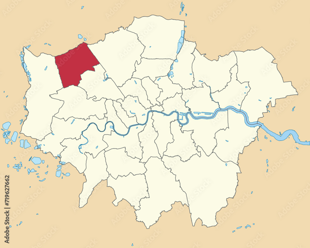 Red flat blank highlighted location map of the BOROUGH OF HARROW inside beige administrative local authority districts map of London, England