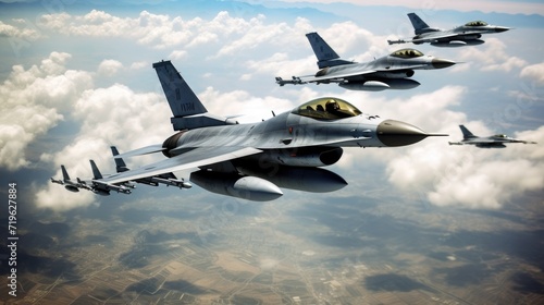 F-16 air force fighters flying over the ocean at low altitude, beautiful sky on the background