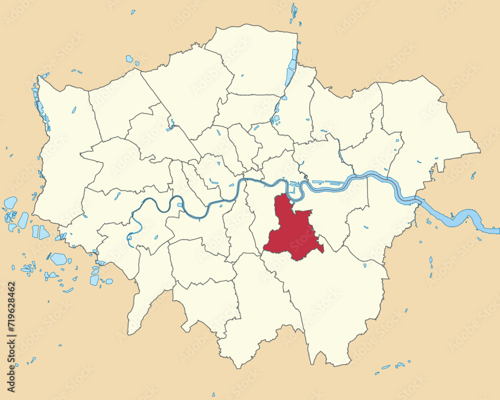 Red flat blank highlighted location map of the BOROUGH OF LEWISHAM inside beige administrative local authority districts map of London, England