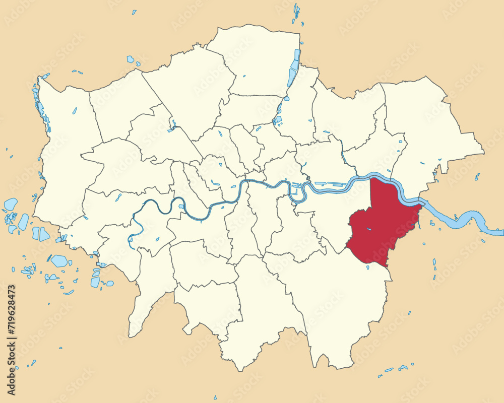 Red flat blank highlighted location map of the BOROUGH OF BEXLEY inside beige administrative local authority districts map of London, England