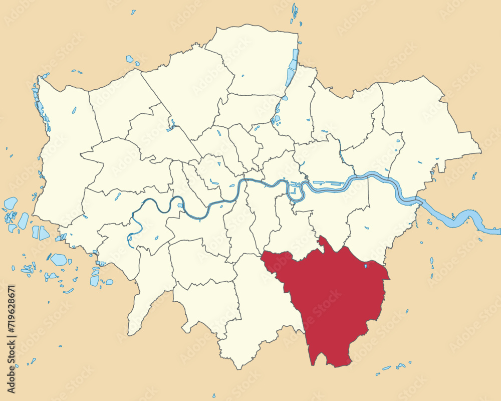 Red flat blank highlighted location map of the BOROUGH OF BROMLEY inside beige administrative local authority districts map of London, England