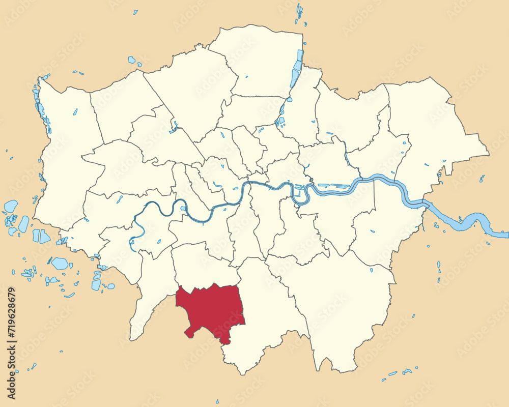 Red flat blank highlighted location map of the BOROUGH OF SUTTON inside beige administrative local authority districts map of London, England