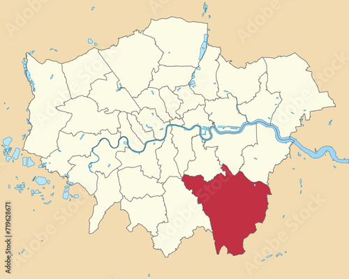 Red flat blank highlighted location map of the BOROUGH OF BROMLEY inside beige administrative local authority districts map of London  England