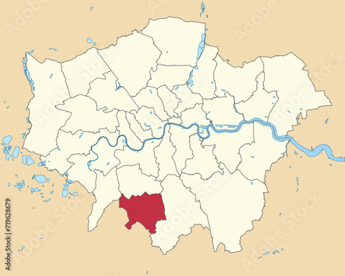 Red flat blank highlighted location map of the BOROUGH OF SUTTON inside beige administrative local authority districts map of London  England