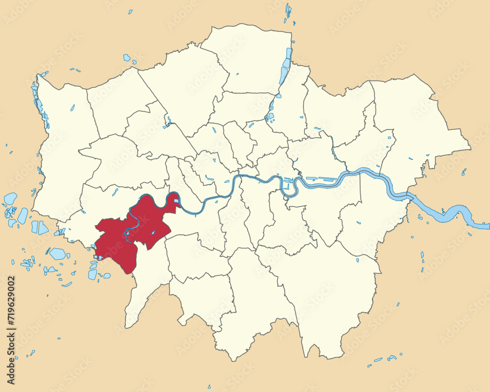 Red flat blank highlighted location map of the BOROUGH OF RICHMOND UPON THAMES inside beige administrative local authority districts map of London, England