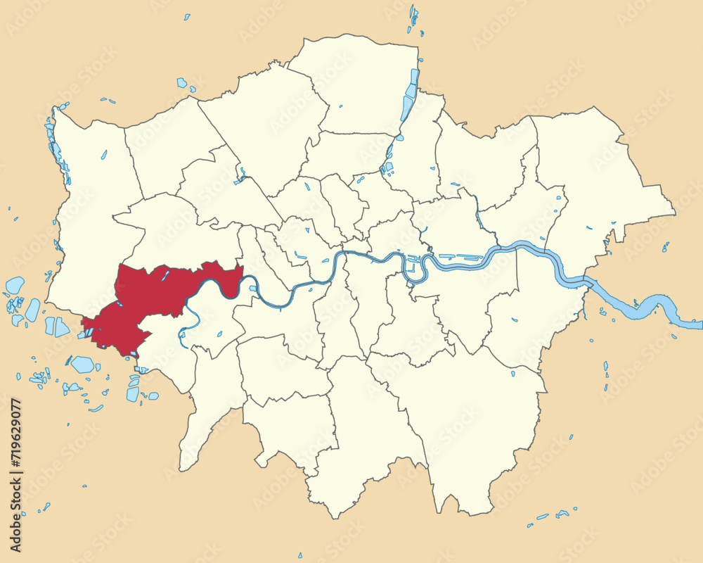 Red flat blank highlighted location map of the BOROUGH OF HOUNSLOW inside beige administrative local authority districts map of London, England
