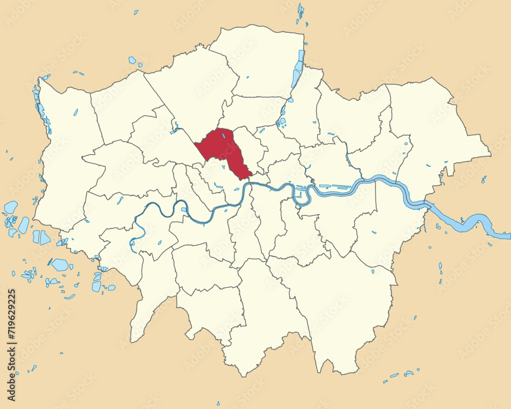Red flat blank highlighted location map of the BOROUGH OF CAMDEN inside beige administrative local authority districts map of London, England