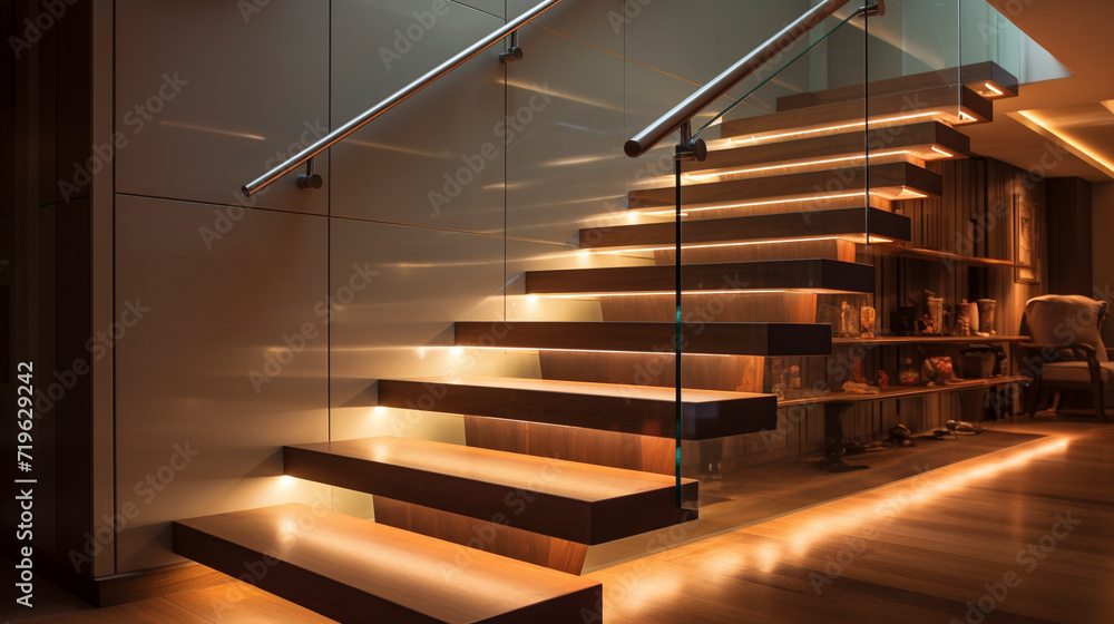 A minimalist wooden staircase with glass balustrades, LED lighting
