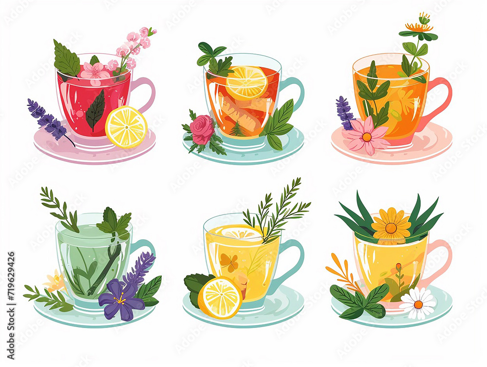 Soothing Ensemble of Herbal Teas Featuring Variety of Flavors, Flat Vector Illustration Soothing Ensemble of Herbal Teas Featuring Variety of Flavors, Flat Vector Illustration