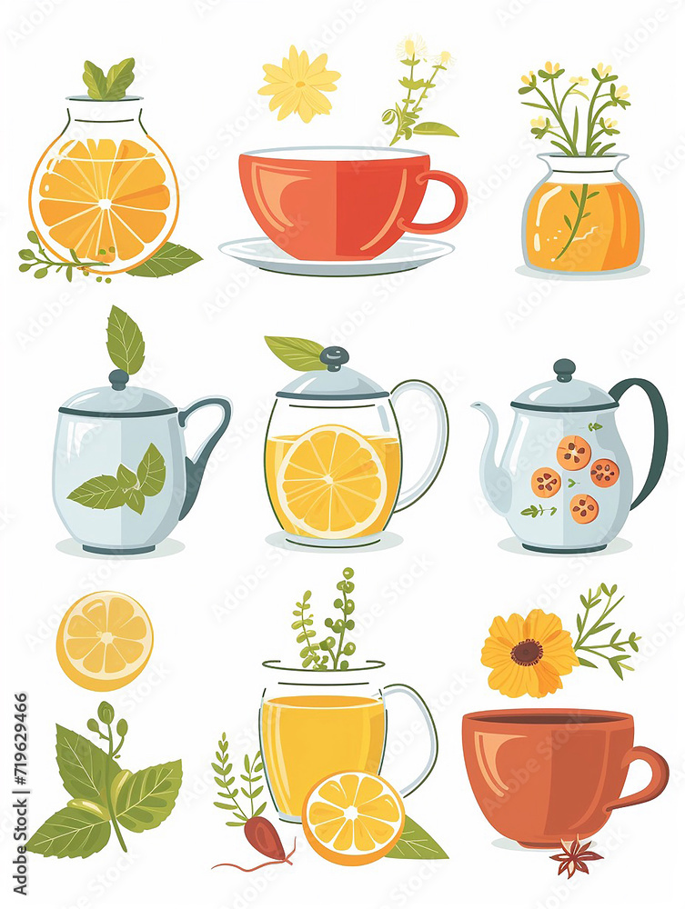 Soothing Ensemble of Herbal Teas Featuring Variety of Flavors, Flat Vector Illustration Soothing Ensemble of Herbal Teas Featuring Variety of Flavors, Flat Vector Illustration