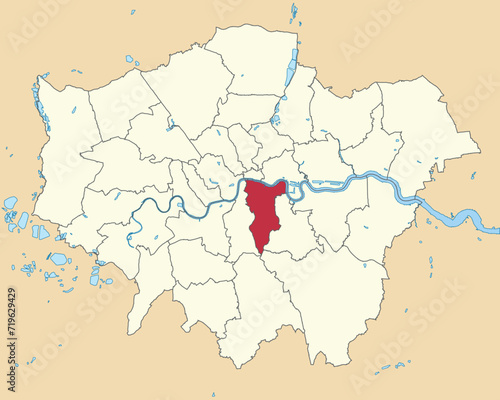 Red flat blank highlighted location map of the BOROUGH OF SOUTHWARK inside beige administrative local authority districts map of London  England