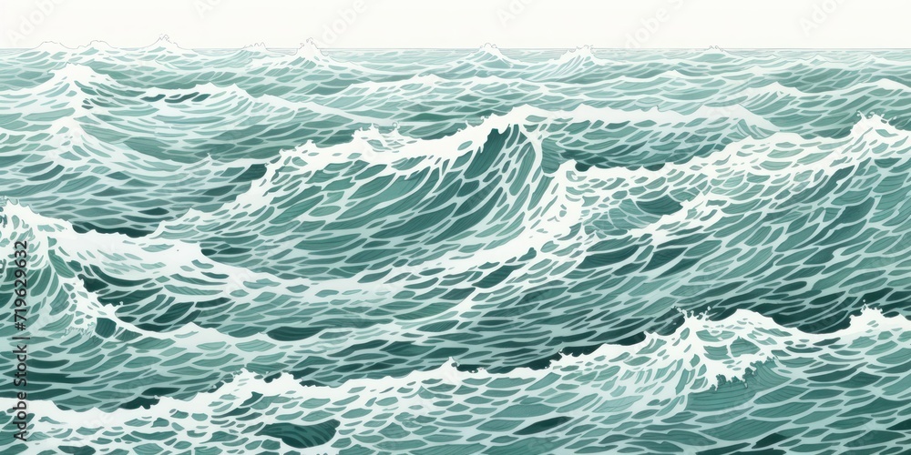 Minimal pen illustration sketch mint & white drawing of an ocean