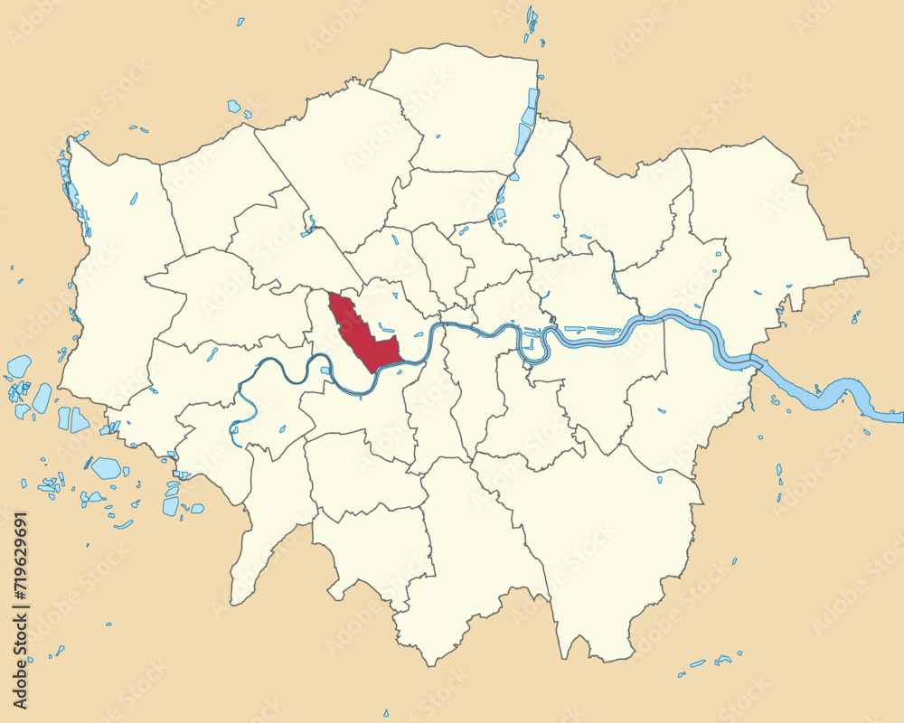 Red flat blank highlighted location map of the ROYAL BOROUGH OF KENSINGTON AND CHELSEA inside beige administrative local authority districts map of London, England Red flat blank highlighted location map of the ROYAL BOROUGH OF KENSINGTON AND CHELSEA inside beige administrative local authority districts map of London, England