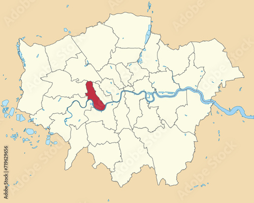 Red flat blank highlighted location map of the BOROUGH OF HAMMERSMITH AND FULHAM inside beige administrative local authority districts map of London, England