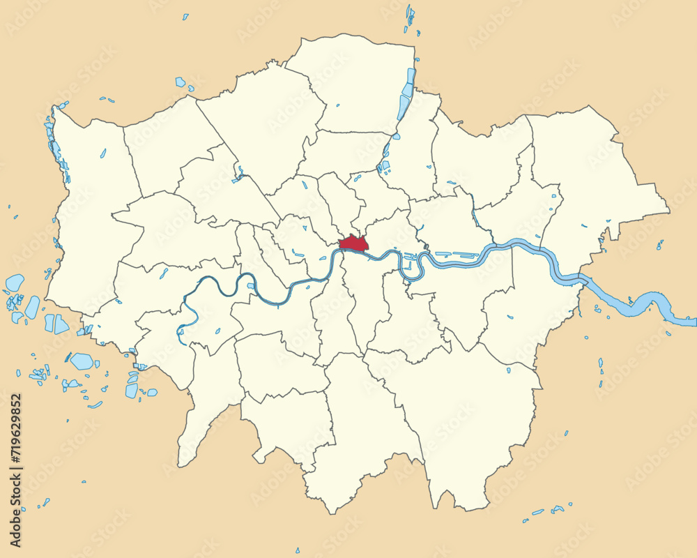 Red flat blank highlighted location map of the CITY OF LONDON inside beige administrative local authority districts map of London, England