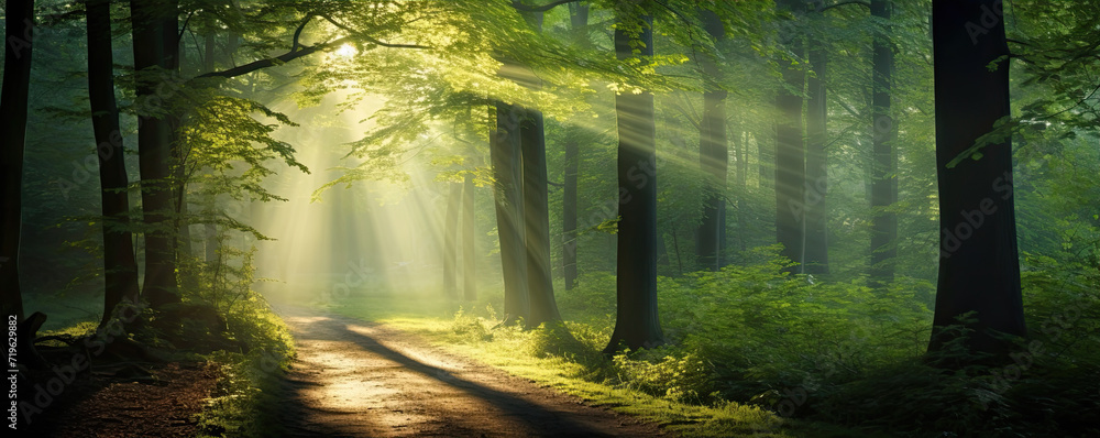 Beautiful sunny rays of light in green forest. Mystic forest.