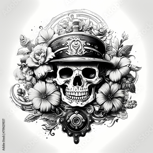 Pirate Man skull, tribal tattoo. Hand drawn black ink illustration isolated on white background. Floral pattern of plants with flowers in retro vintage style design