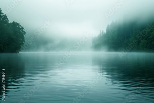 Mysterious fog-covered lake, an atmospheric image capturing a serene lake shrouded in mysterious fog, creating an ethereal and contemplative scene for nature photography, tranquil retreats.