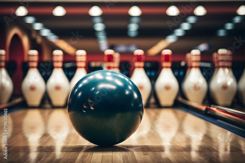 Close-up of a bowling ball hitting pins scoring a strike, bottom view and action shot. Ten pin bowling game concept