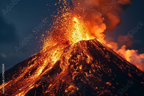 A volcano erupting at night