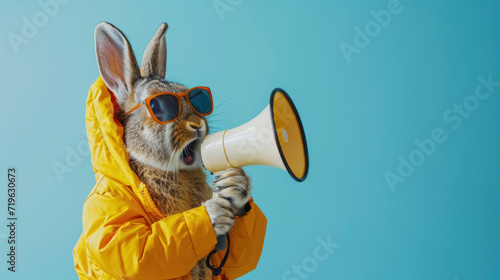 Fototapeta Naklejka Na Ścianę i Meble -  Bunny Announcer in Yellow Jacket
