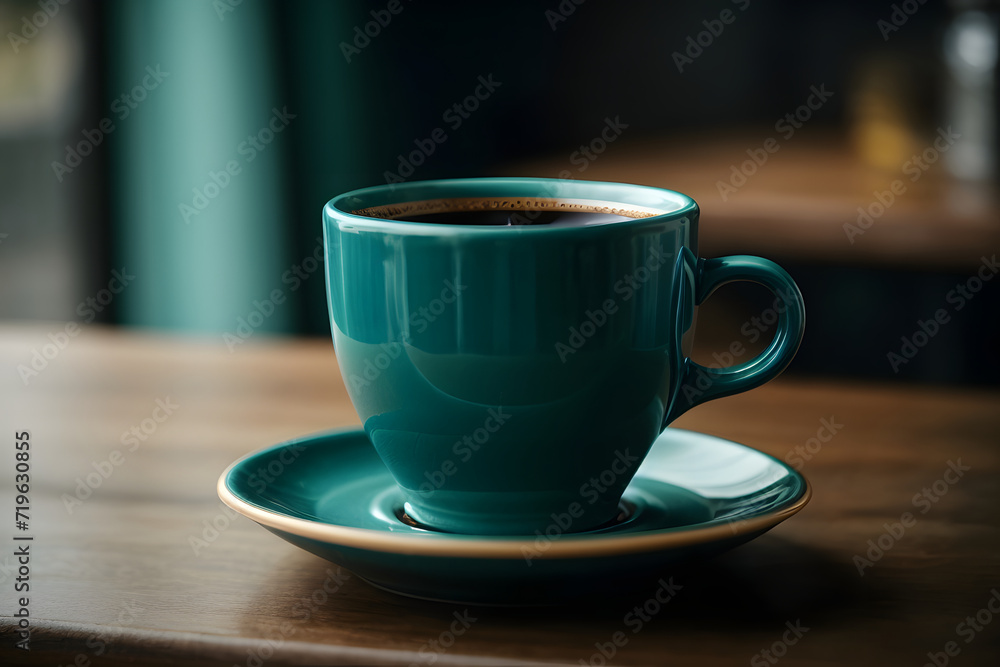 Close-up of a dark teal ceramic coffee cup full of black coffee, placed on a matching saucer