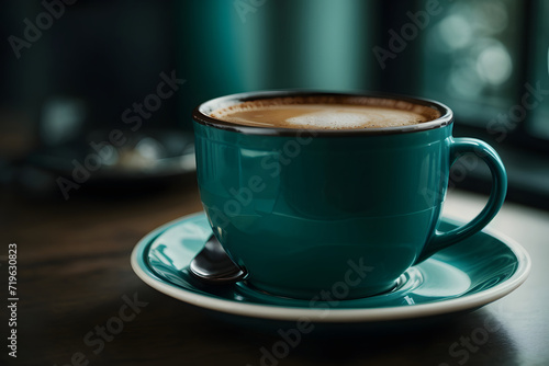 Close-up of a dark teal ceramic coffee cup full of black coffee  placed on a matching saucer