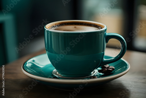 Close-up of a dark teal ceramic coffee cup full of black coffee, placed on a matching saucer