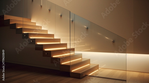 A minimalist wooden staircase with transparent glass sides, under-handrail LED lighting creating a cozy ambiance in a trendy, modern house. © hassan