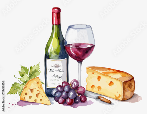 Watercolor wine glass and bottle decorated with delicious food