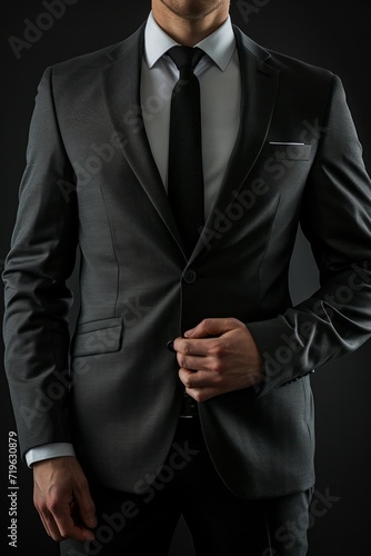 Frontal view of a businessman’s torso in a stylish business suit, isolated on a black background © Emanuel