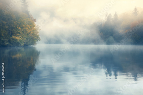 Mysterious fog-covered lake, an atmospheric image capturing a serene lake shrouded in mysterious fog, creating an ethereal and contemplative scene for nature photography, tranquil retreats.