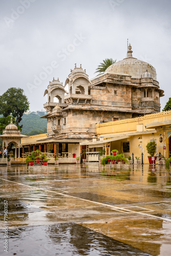 Exterior and landscape view of the royal lake palaces in Udaipur Rajasthan India
