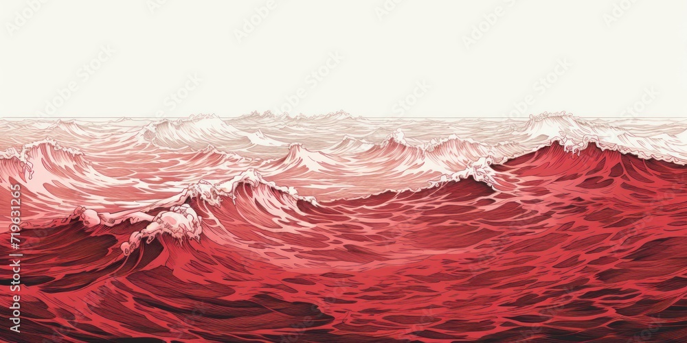 Minimal pen illustration sketch red & white drawing of an ocean - obrazy, fototapety, plakaty 