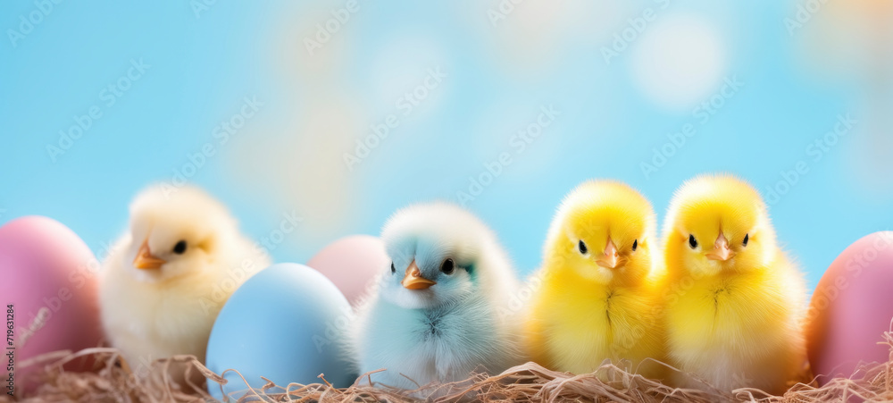 Adorable Chicks with Easter Eggs on Blue