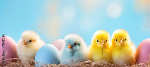 Adorable Chicks with Easter Eggs on Blue