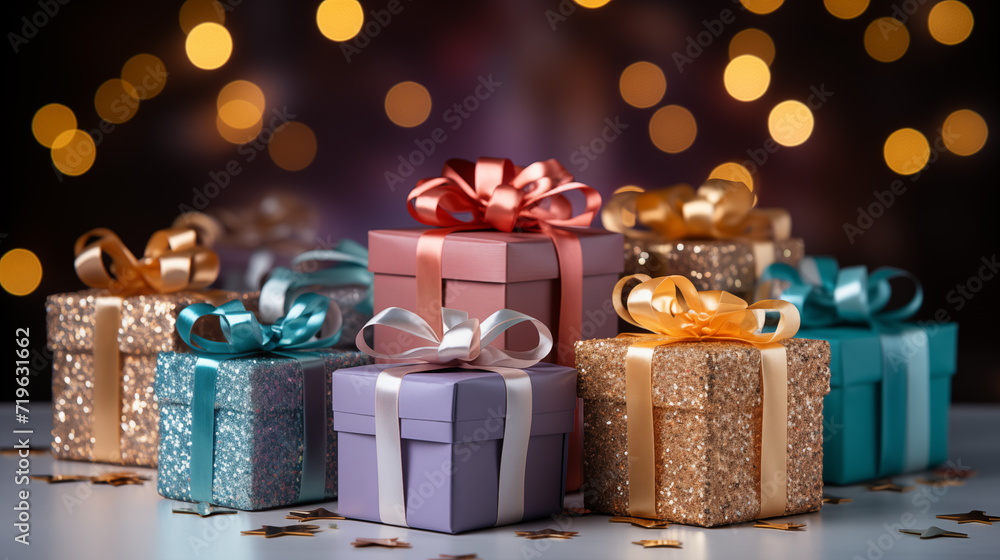 Colored gift boxes with gold ribbon, concept of Christmas holidays or a New Year Colored gift boxes with gold ribbon, concept of Christmas holidays or a New Year