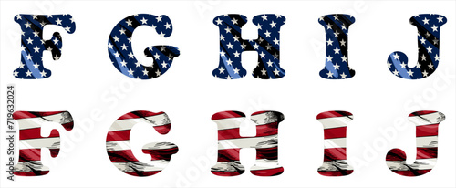 Vector font on background 
of national flag of usa.
A set of letters of english alphabet FGHIJ with
american pattern of stars and stripes for
clothing, fabric, textile, paper, inscription on t-shirt.