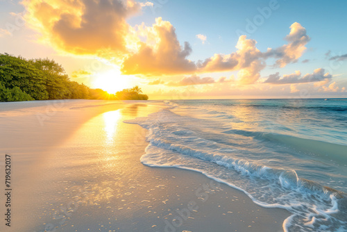 Pristine beach at sunset, a tranquil image showcasing a pristine beach bathed in the warm glow of the setting sun, creating a serene and idyllic scene for beachfront resorts, travel destinations.