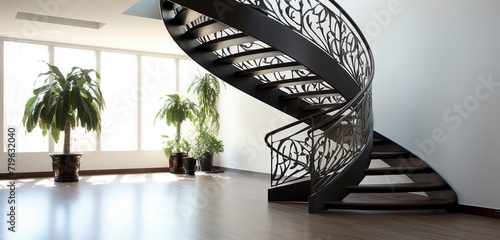 A modern minimalist spiral staircase, combining dark wood treads with simple yet elegant ironwork on the sides. photo
