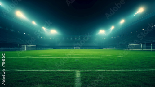 professional empty football stadium at night illuminated by powerful modern floodlights