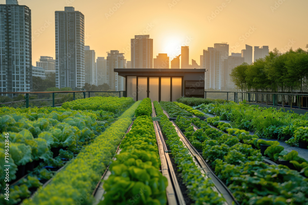 Smart Urban Farming, vibrant rooftop gardens in city environment, soft morning light highlighting greenery Smart Urban Farming, vibrant rooftop gardens in city environment, soft morning light highlighting greenery
